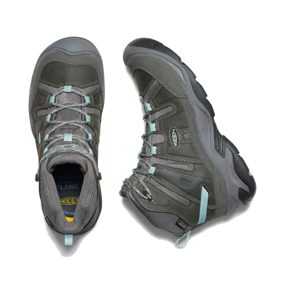 A pair of Keen Circadia Mid Steel Grey/Cloud Blue - Womens hiking boots with teal accents, viewed from above.