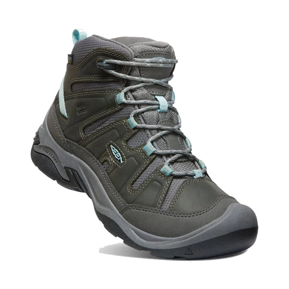 KEEN CIRCADIA MID STEEL GREY/CLOUD BLUE - WOMENS women&#39;s hiking boot with teal laces and accents, featuring a sturdy sole and ankle-high design.