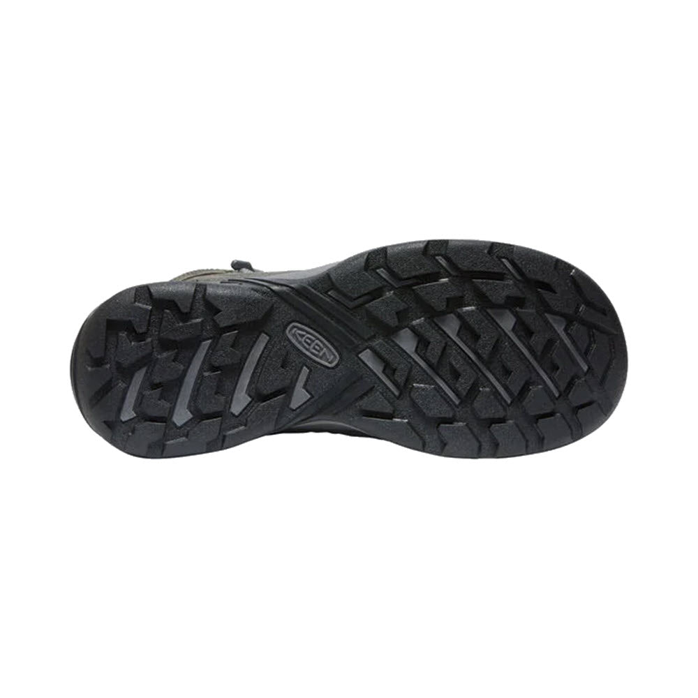 Black waterproof hiking boot sole with a rugged tread pattern, displaying the Keen logo.