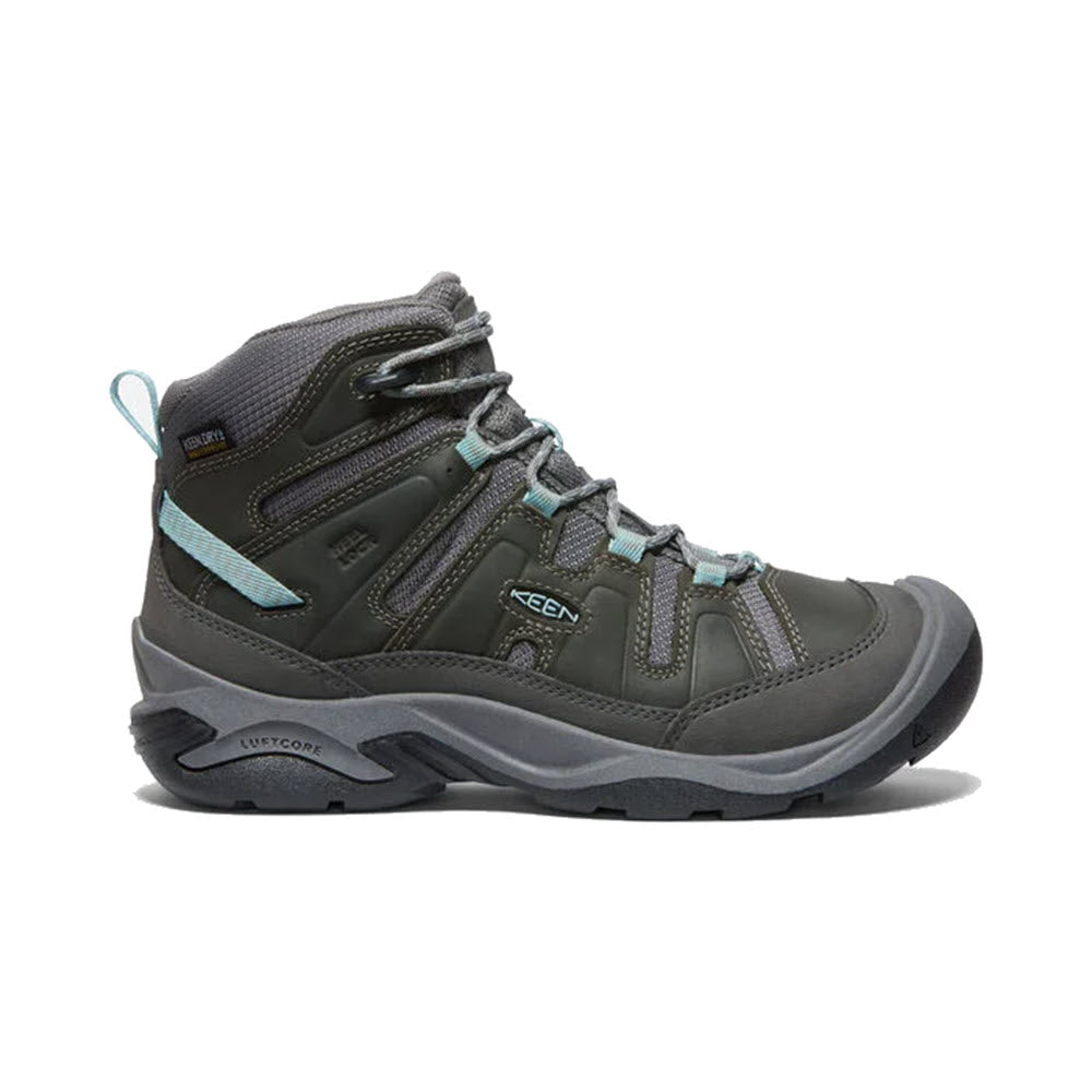 A single gray waterproof hiking boot with teal accents and the Keen logo visible, displayed against a white background.