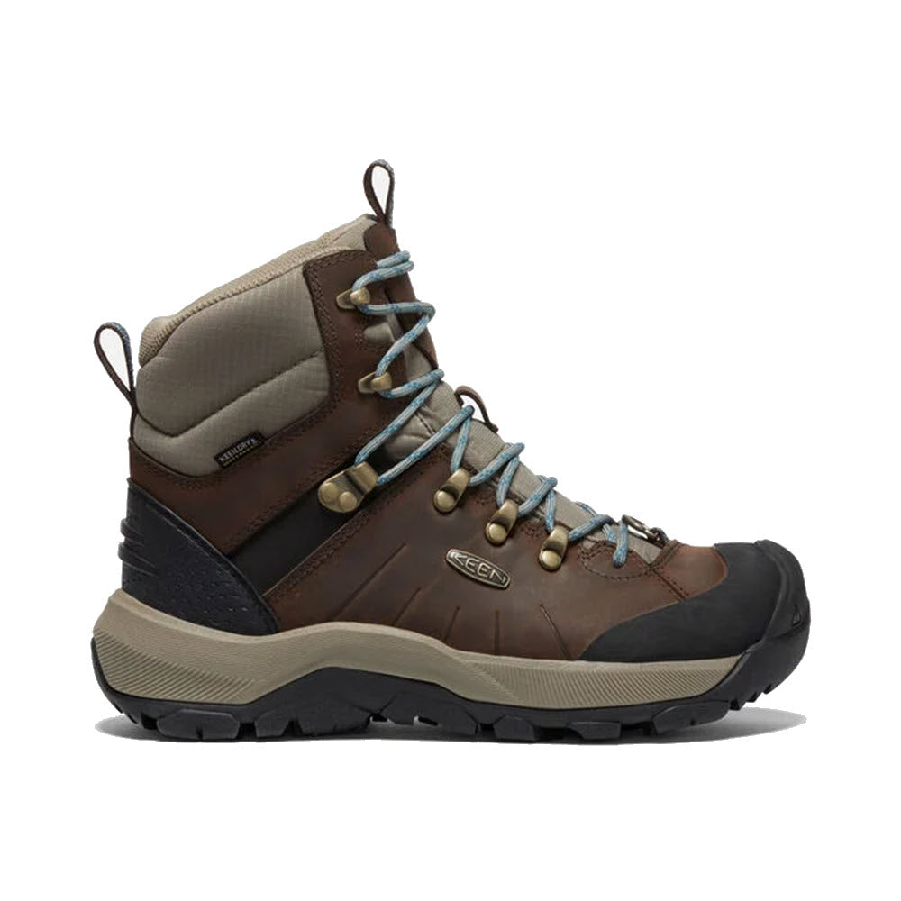A single Keen Revel IV Mid Polar Coffee Bean hiking boot with blue laces, exceptional grip, and a thick rubber sole, displayed against a white background.