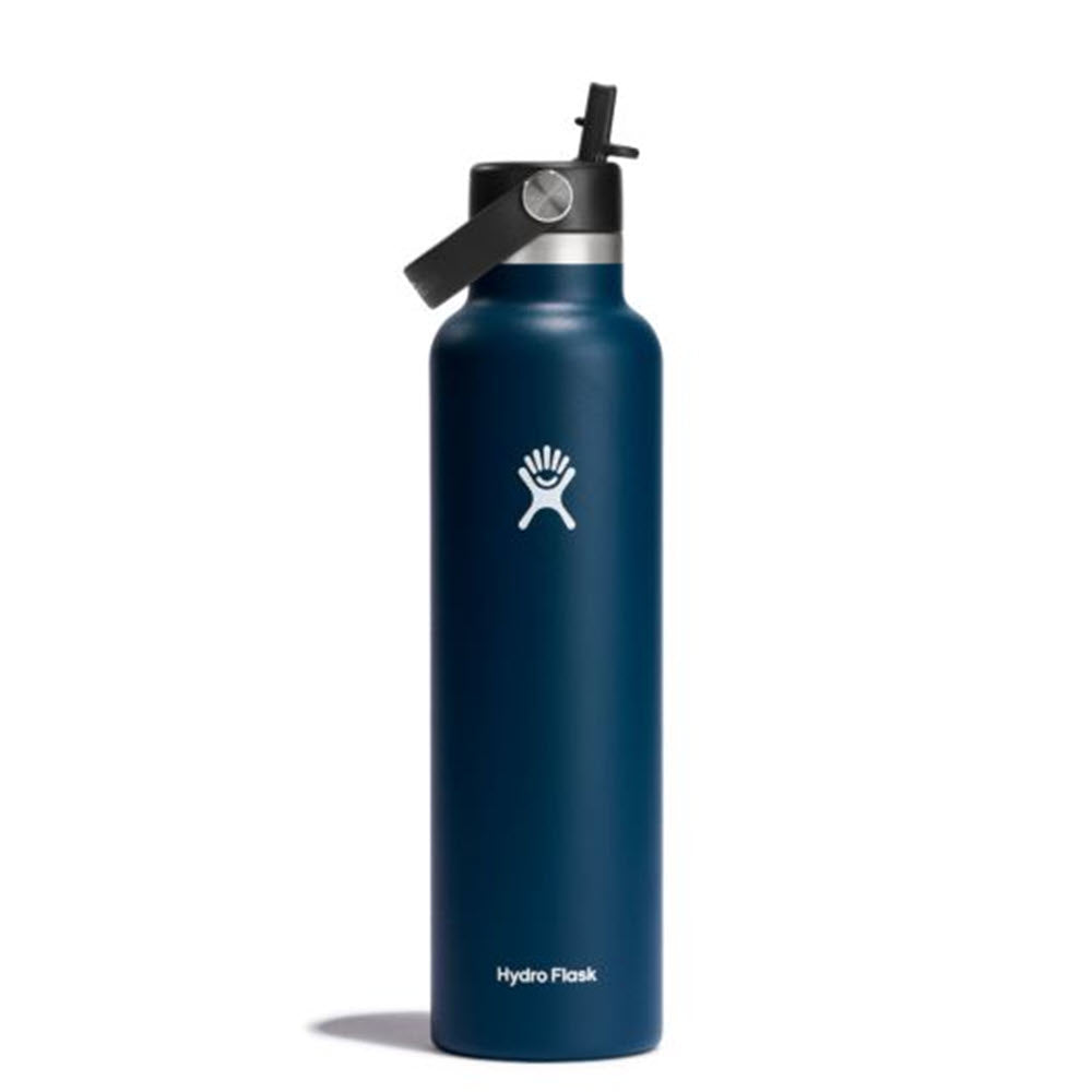 A HYDROFLASK STANDARD 24OZ FLIP CAP INDIGO water bottle by Hydro Flask with a black lid and white logo is shown against a white background, perfect for staying hydrated thanks to the TempShield™ double wall vacuum insulation.