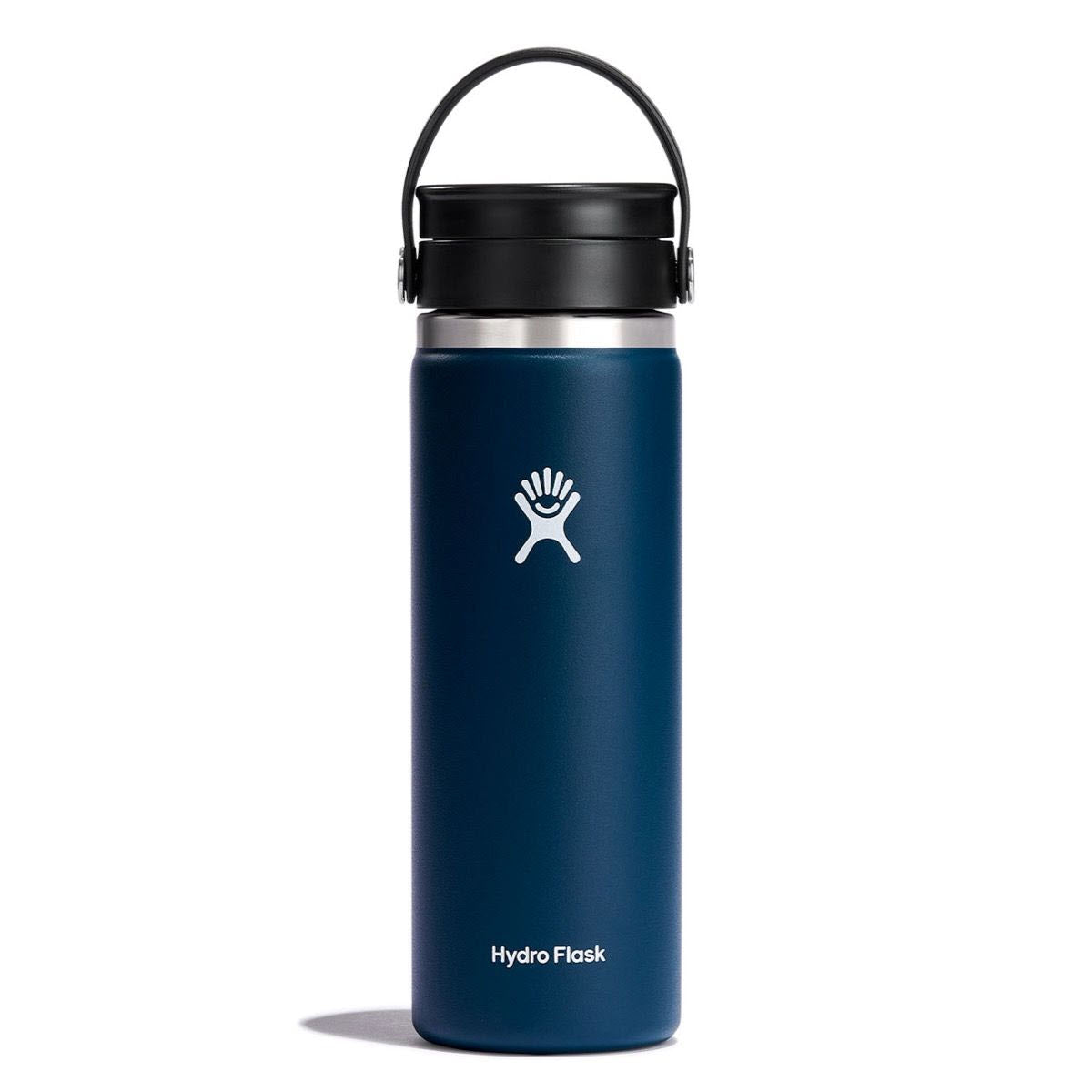 A Hydro Flask Wide Mouth Coffee 20oz Indigo with a Flex Sip Lid and handle, featuring the brand&#39;s white logo on the front.