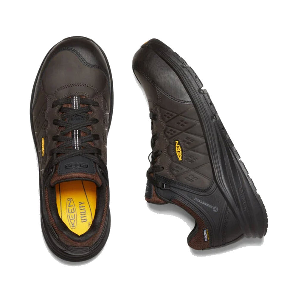 A pair of Keen CT Vista Energy+ WP Coffee men&#39;s waterproof work sneakers viewed from above, featuring carbon-fiber toes.