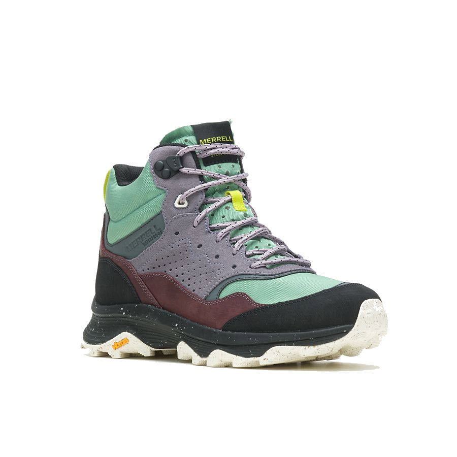 A single Merrell Speed Solo Mid Jade hiking boot featuring a waterproof suede upper and a color block design with shades of green, purple, and black, displayed against a white background.