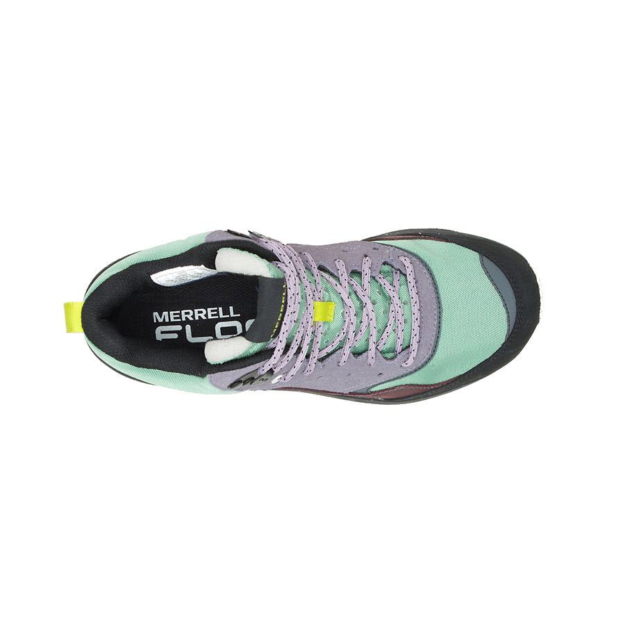 Top view of a Merrell Speed Solo Mid Jade hiking shoe with green, grey, and purple colors, featuring laces and a visible brand label.
