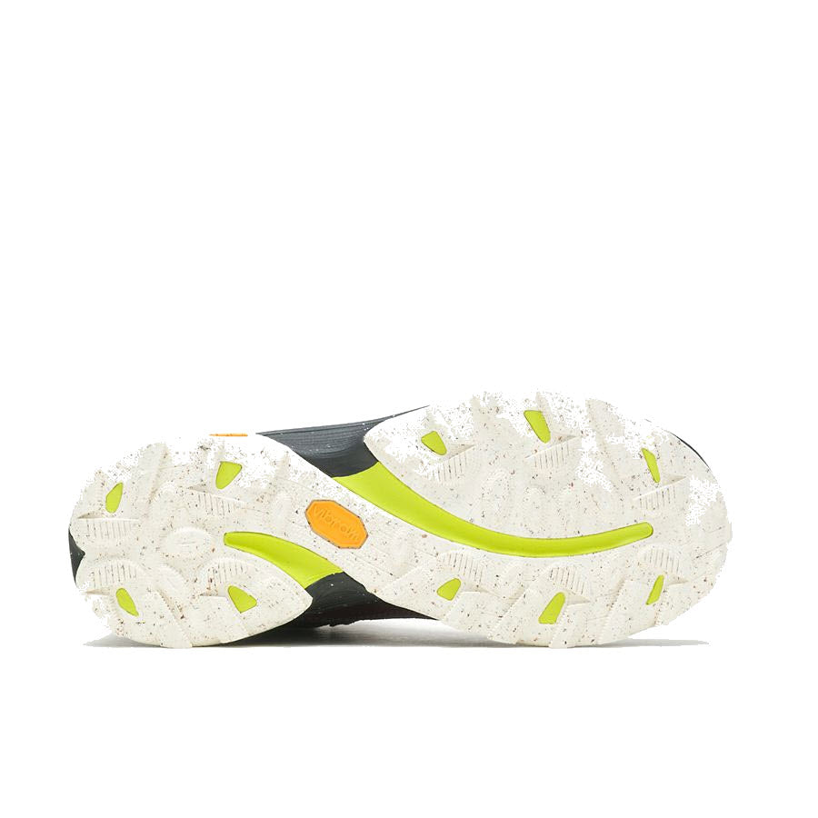 Side view of a white Merrell Speed Solo Mid Jade - Womens running shoe with neon yellow accents and an orange Merrell logo on the sole, featuring performance attributes and set against a white background.