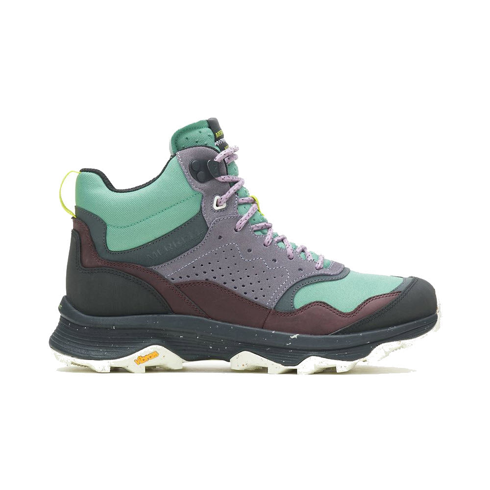 A Merrell Speed Solo Mid Jade high-top hiking boot in shades of green, purple, and gray, featuring a waterproof suede upper and lace-up front.