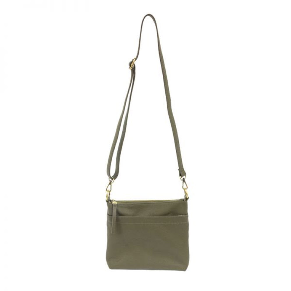Joy Susan olive green Layla double-zipper crossbody bag with a long strap, gold-tone hardware, and exterior pockets.