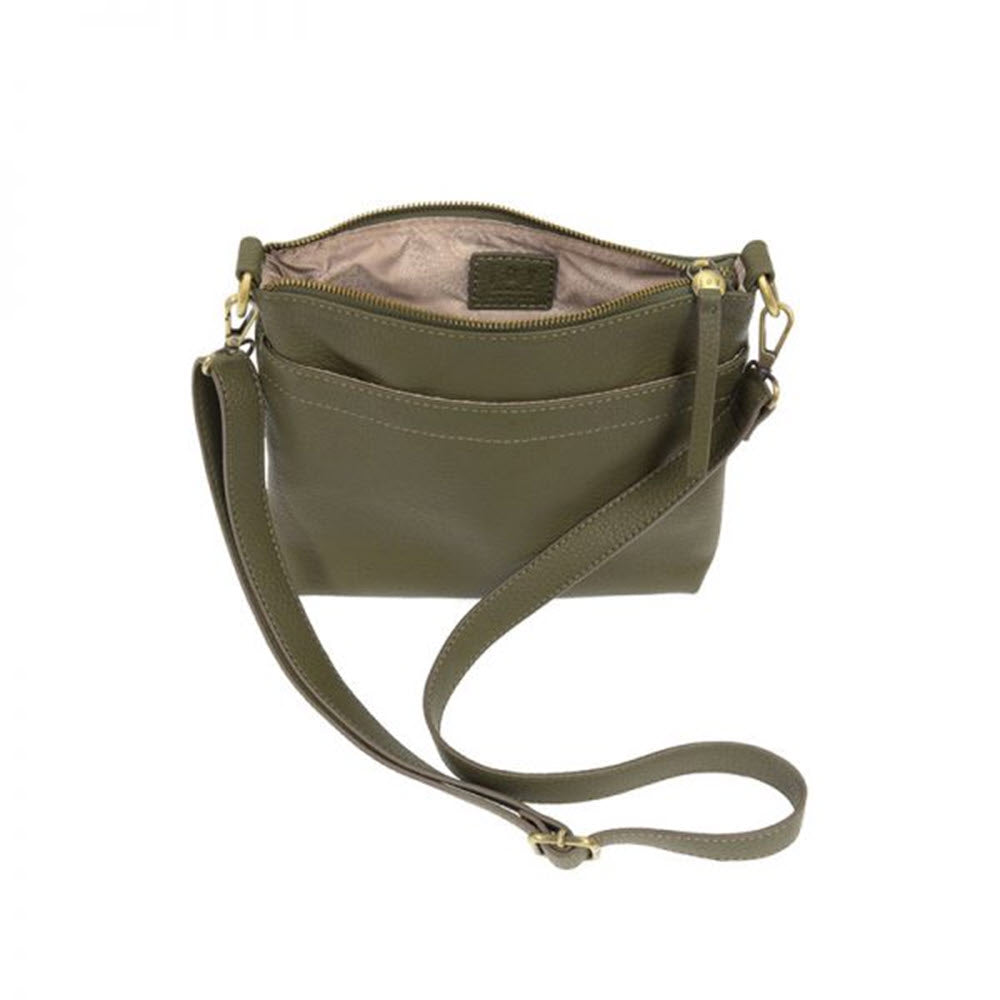 Olive green Joy Susan Layla double-zipper crossbody bag with adjustable strap, gold-tone hardware, and exterior pockets.