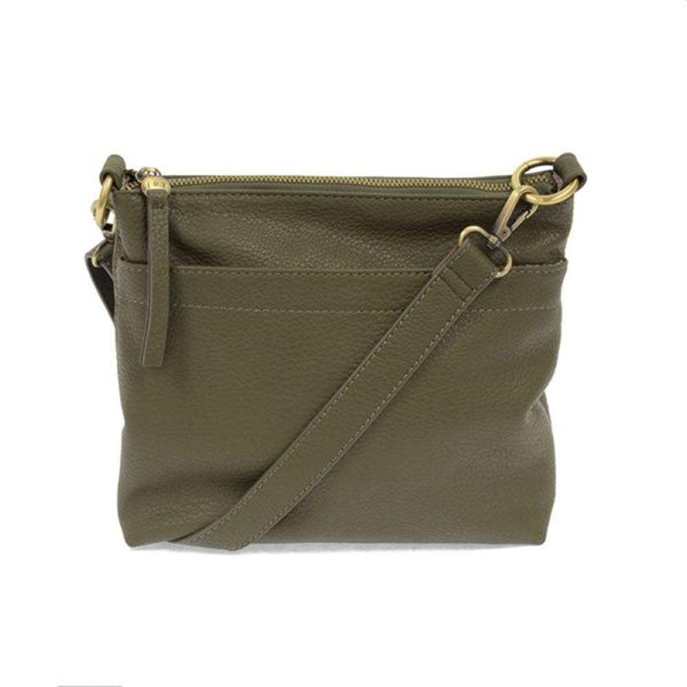 Olive green leather Joy Susan Layla double-zipper crossbody bag with gold-tone hardware and exterior pockets.
