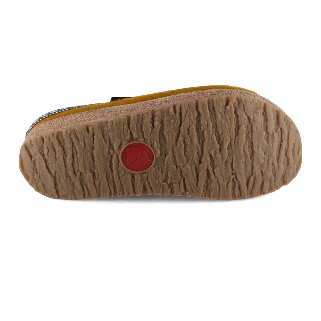 Bottom view of a Haflingers shoe with textured sole and red circular logo.
