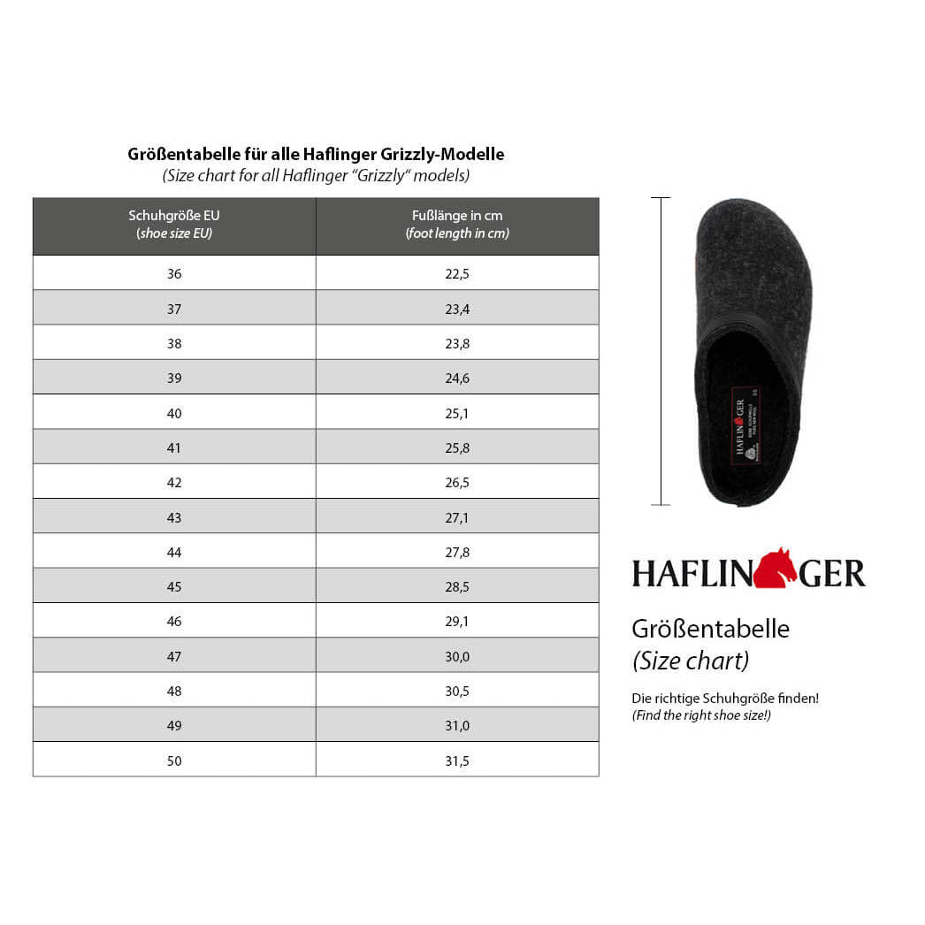 Image of a size chart for Haflingers footwear in EU sizes alongside a photo of a black Haflingers slipper with a red logo inside, featuring a cork footbed.