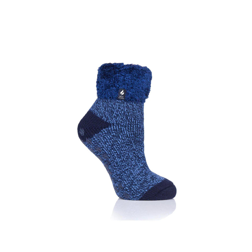 A single Navy HEAT HOLDERS LILY LOUNGE SOCK with a ribbed cuff, displayed against a white background.