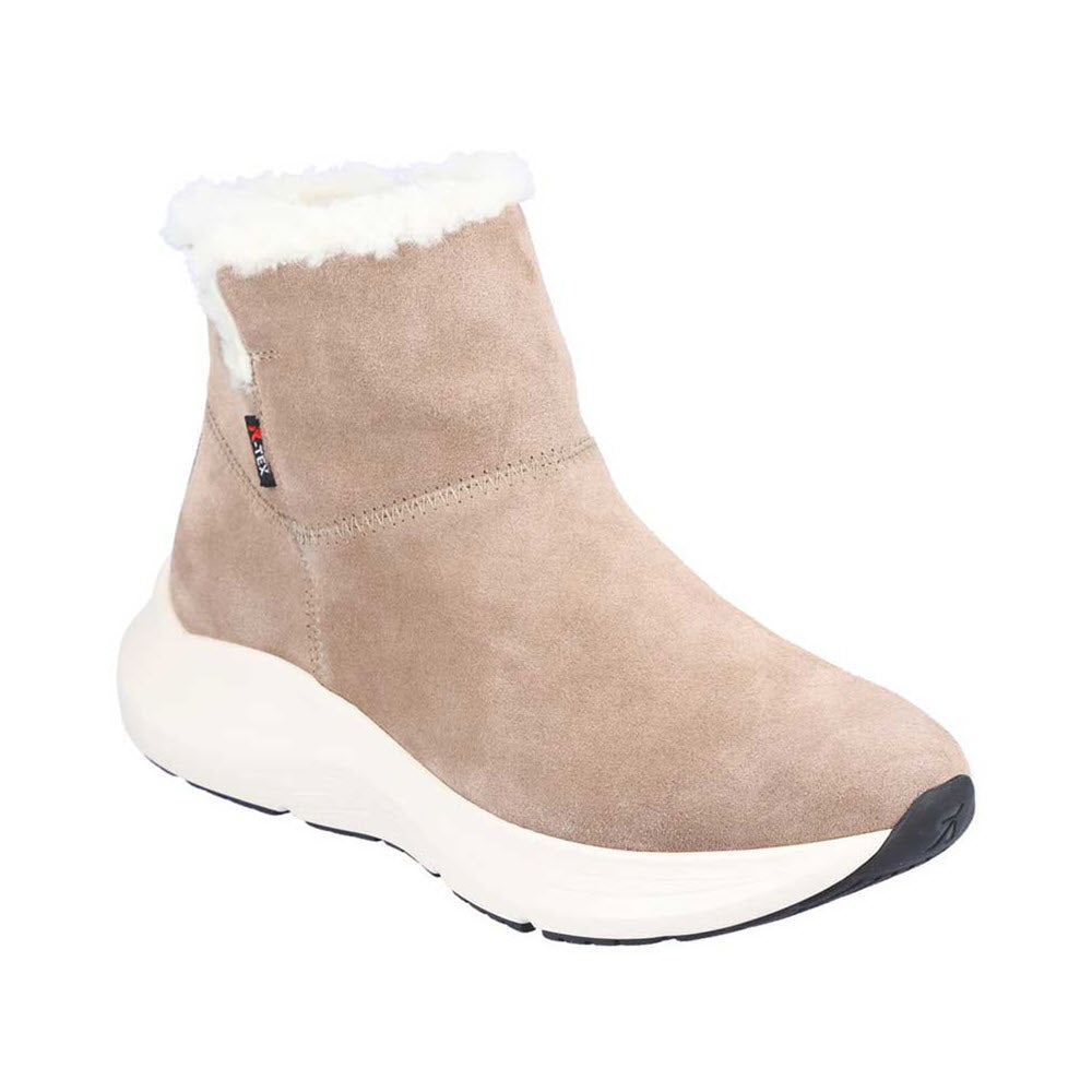 A Revolution women&#39;s ankle boot with white faux fur lining and a thick white sole.