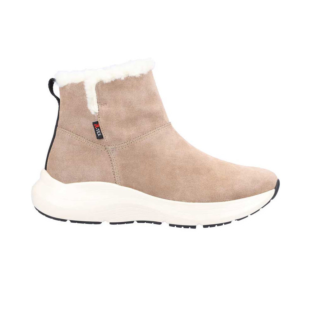 REVOLUTION SNEAKER BOOTIE WITH FUR TAUPE - WOMENS by Revolution - Beige women&#39;s ankle boot with faux fur lining and black-and-white sole.