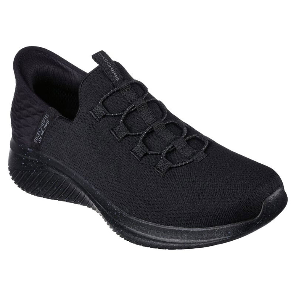 Black Skechers Ultra Flex 3.0 slip-on sneaker with elastic laces, a textured sole, and Skechers Air-Cooled Memory Foam.
