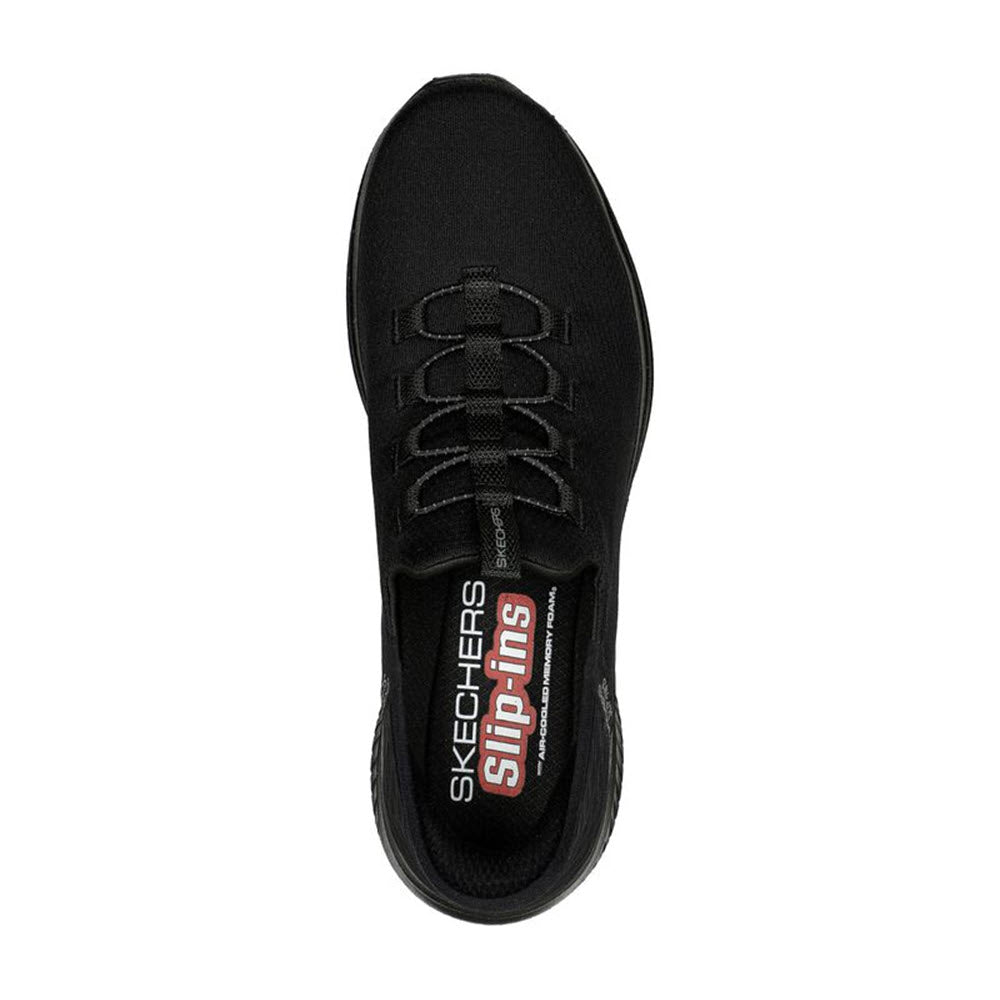 Top view of a black Skechers Ultra Flex 3.0 slip-on sneaker with Skechers Air-Cooled Memory Foam and laces.