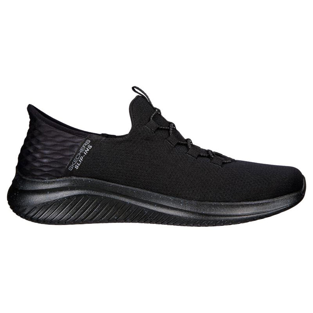 Black Skechers ULTRA FLEX 3.0 running shoe with a textured sole and Stretch Fit® knit fabric upper, viewed from the side.