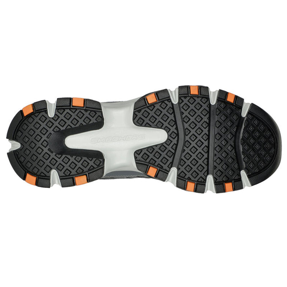 Tread pattern of a Skechers Crossbar Gray Leather/Orange - Mens shoe sole with black, grey, and orange detailing, featuring Air-Cooled Memory Foam.