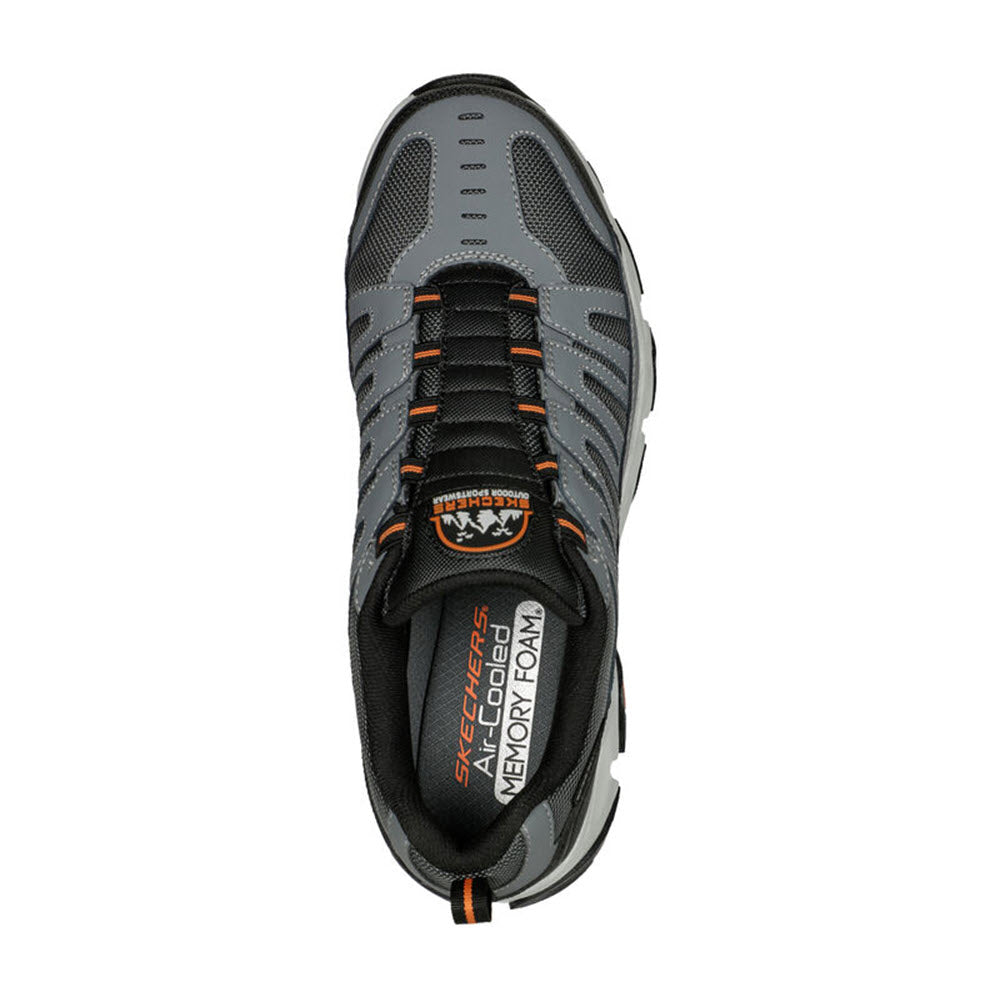 A top view of a Skechers Crossbar Gray Leather/Orange running shoe with Air-Cooled Memory Foam insoles.