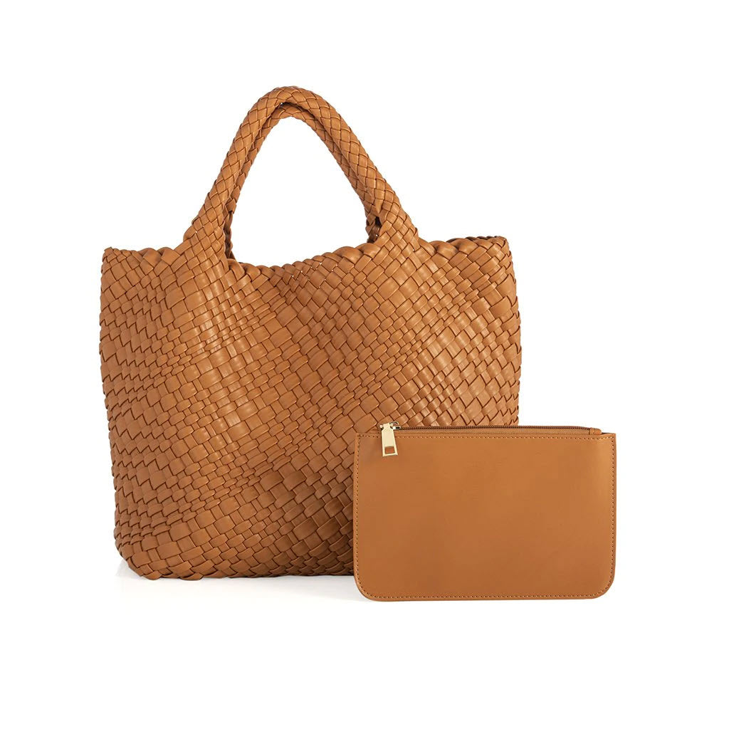 A Shiraleah Blythe Tote Bag in tan vegan leather with a matching clutch on a white background.