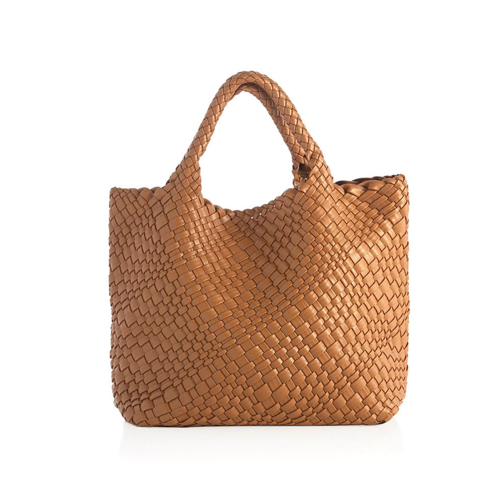 Shiraleah Blythe tote bag tan with woven texture on a white background.