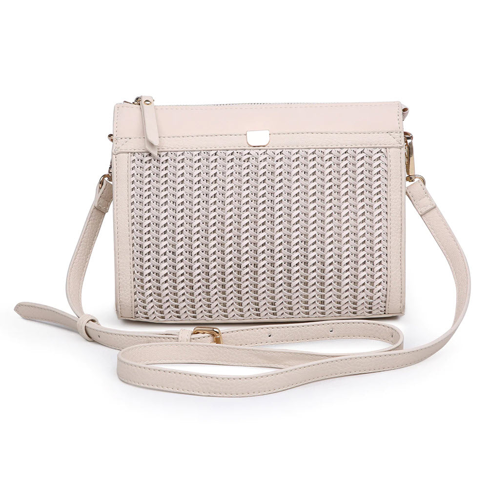 Beige Moda Luxe Hollie top zip cream crossbody bag with woven pattern and adjustable strap.