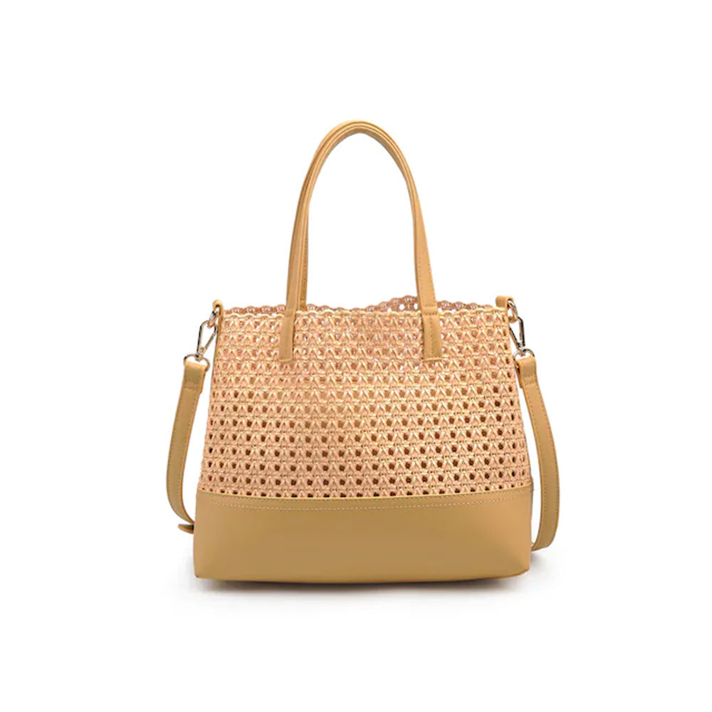 Moda Luxe nude vegan handbag with perforated pattern and detachable shoulder strap.