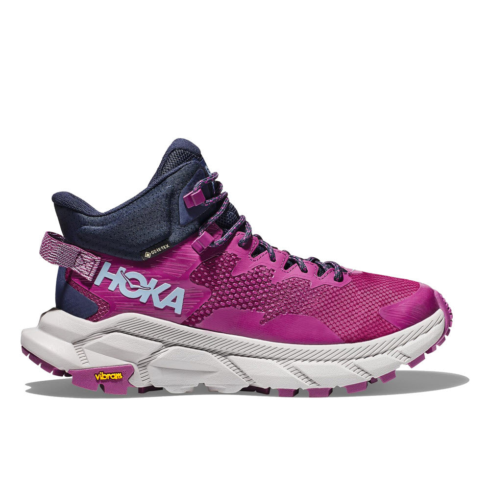 A single pink and purple Hoka Trail Code GTX Beautyberry/Harbor trail running shoe with a responsive foam sole and prominent white logo on display.