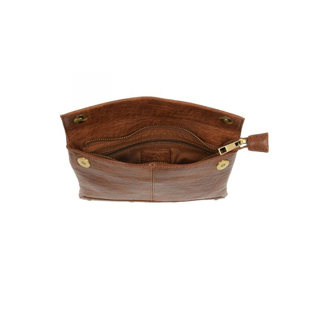 Brown leather KIARA FOLDOVER CROSSBODY BAG SADDLE with zipper closure by Joy Susan.