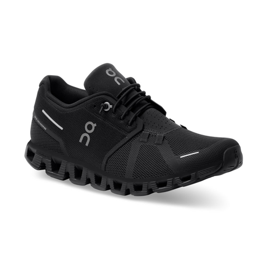 A single ON RUNNING CLOUD 5 ALL BLACK - MENS running shoe with a thick, structured sole and a molded heel design, featuring visible On Running brand markings on the side.