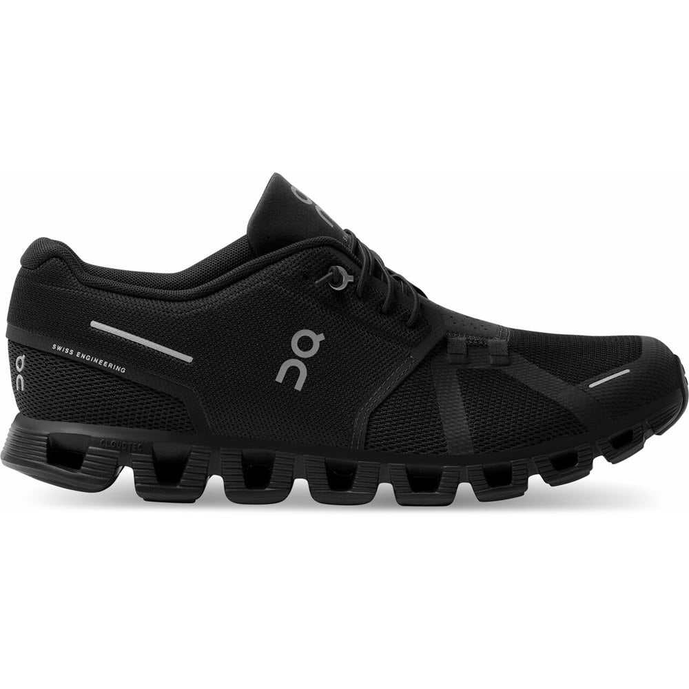 A black ON Running Cloud 5 running shoe with a molded heel design and white logo on a white background.