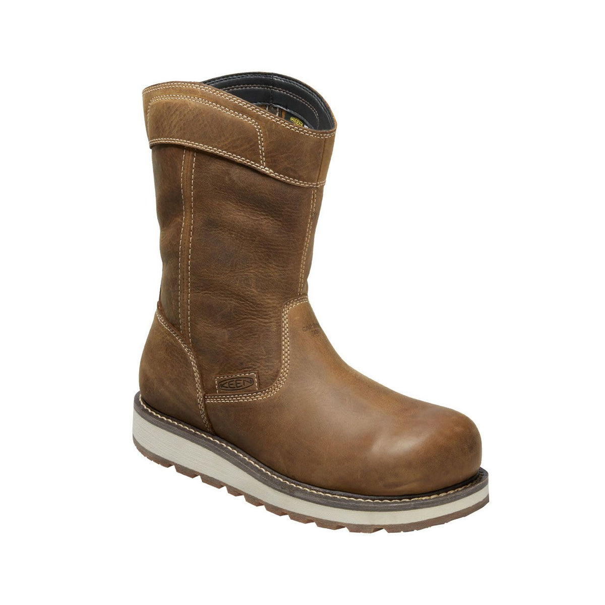 Side view of a brown leather Keen work boot with a thick rubber sole, featuring an embossed logo on the shaft.