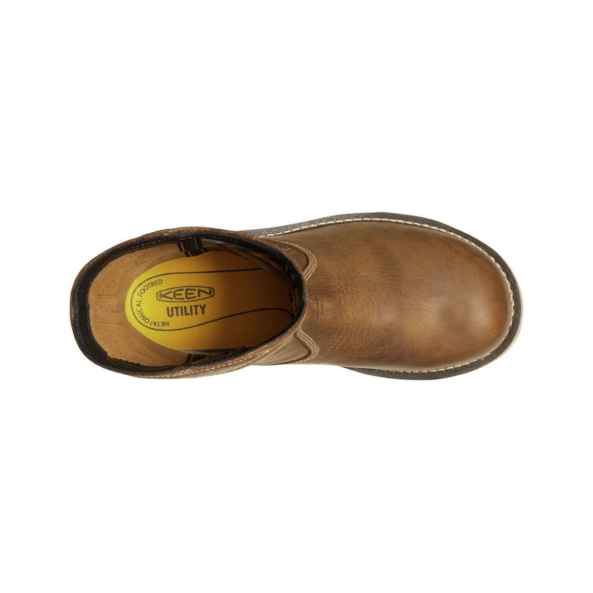 Top view of a single Keen brown leather work shoe with black soles and a removable dual-density footbed, featuring a visible &quot;KEEN UTILITY&quot; label on the insole.