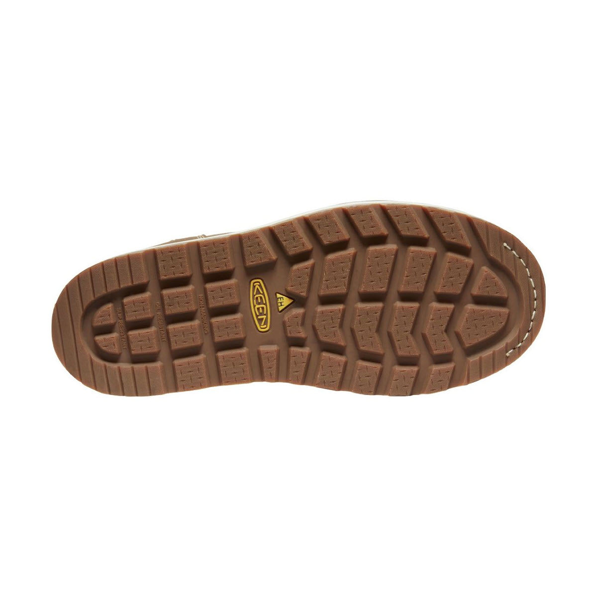 Bottom view of a brown Keen shoe sole with a herringbone tread pattern and a rectangular logo at the center, featuring an air-infused PU midsole.