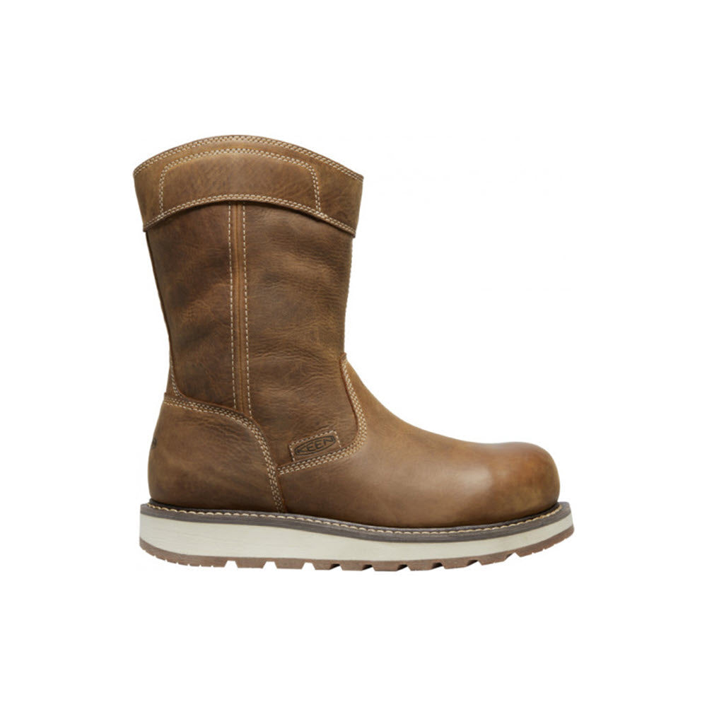 Brown leather boot with a composite toe and robust sole, shown in profile view against a white background, KEEN CT CINCINNATI 8 INCH WELLINGTON BELGIAN/SANDSHELL - MENS by Keen.