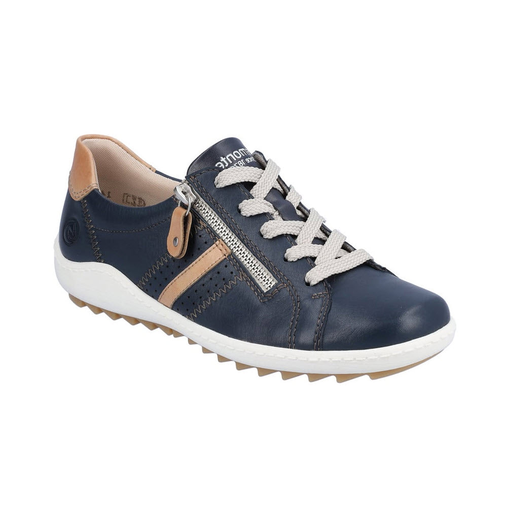 Remonte navy blue casual sneaker with white laces, zipper detail, and rubber sole isolated on a white background.