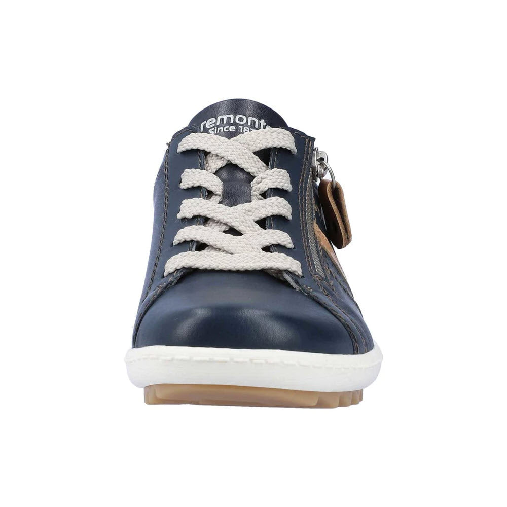 Front view of a REMONTE EURO CITY WALKER NAVY - WOMENS leather shoe with white laces and a beige sole, branded with &quot;Remonte&quot; on the tongue.