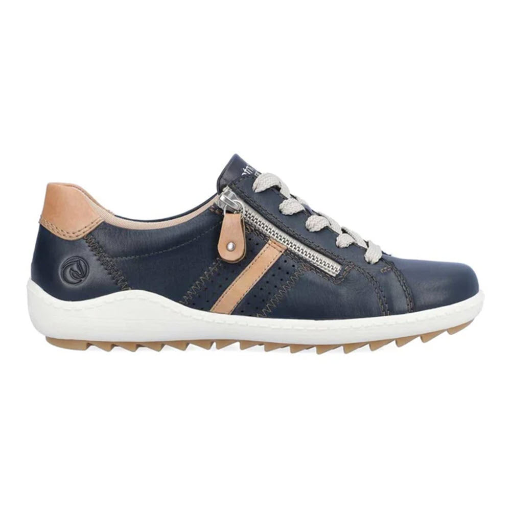 A single Remonte navy blue and tan casual sneaker with white laces, a side zipper, adjustable straps, and a white sole, isolated on a white background.