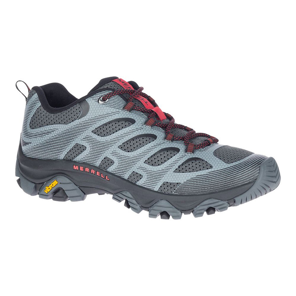 Gray and red Merrell Moab 3 Edge Granite hiking shoe with mesh panels and a Vibram sole, displayed against a white background.
