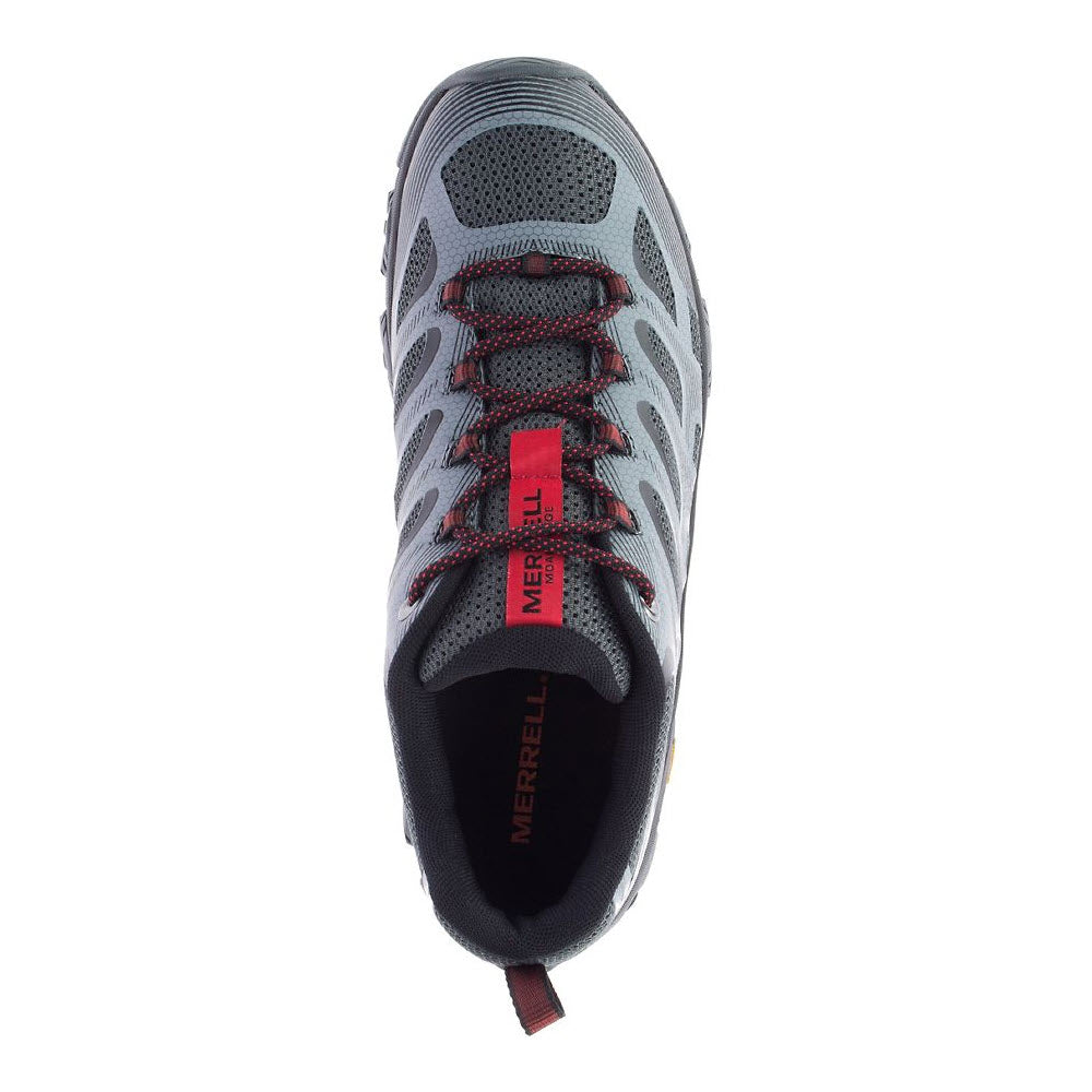 Top view of a gray Merrell Moab 3 Edge hiking shoe with red laces and a visible logo.