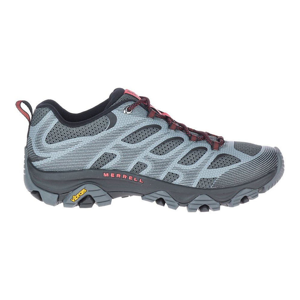 Gray and blue Merrell Moab 3 Edge Granite hiking shoe with a Vibram sole and red laces, shown from the side on a white background.