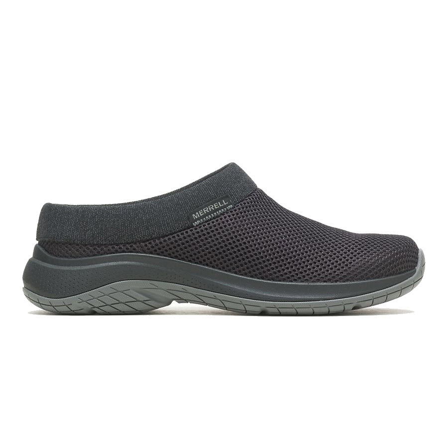 Side view of a Merrell Women's Encore Breeze 5 black slip-on casual shoe with a mesh upper and cushioned soles.