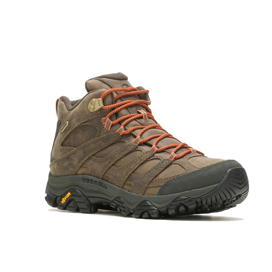 A single MERRELL MOAB 3 PRIME MID WP CANTEEN - MENS hiking boot with orange laces and a Vibram® outsole, featuring a waterproof membrane label.