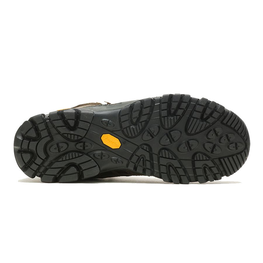 Bottom view of a Merrell shoe displaying a detailed black Vibram® outsole with a small, rectangular, orange logo.