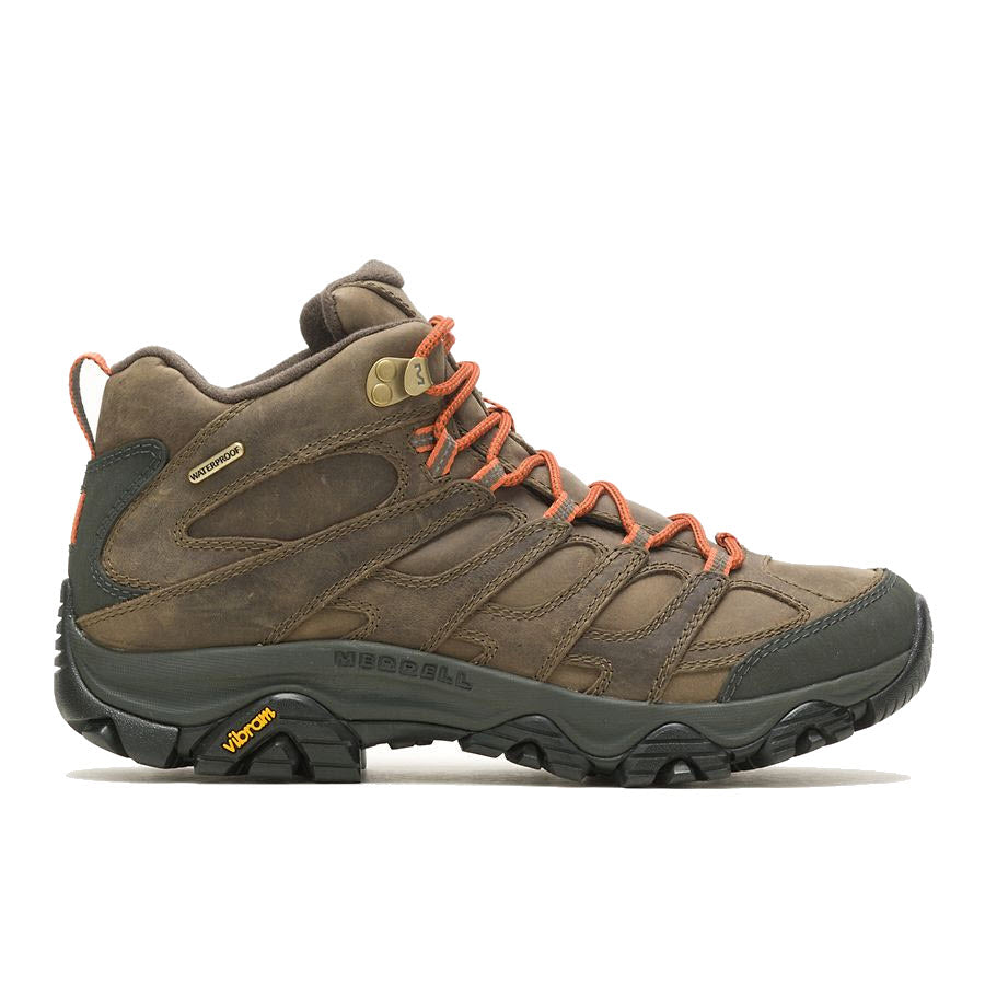 A single brown Merrell Moab 3 Prime Mid WP hiking boot with orange laces and a Vibram® outsole, shown in profile view on a white background.
