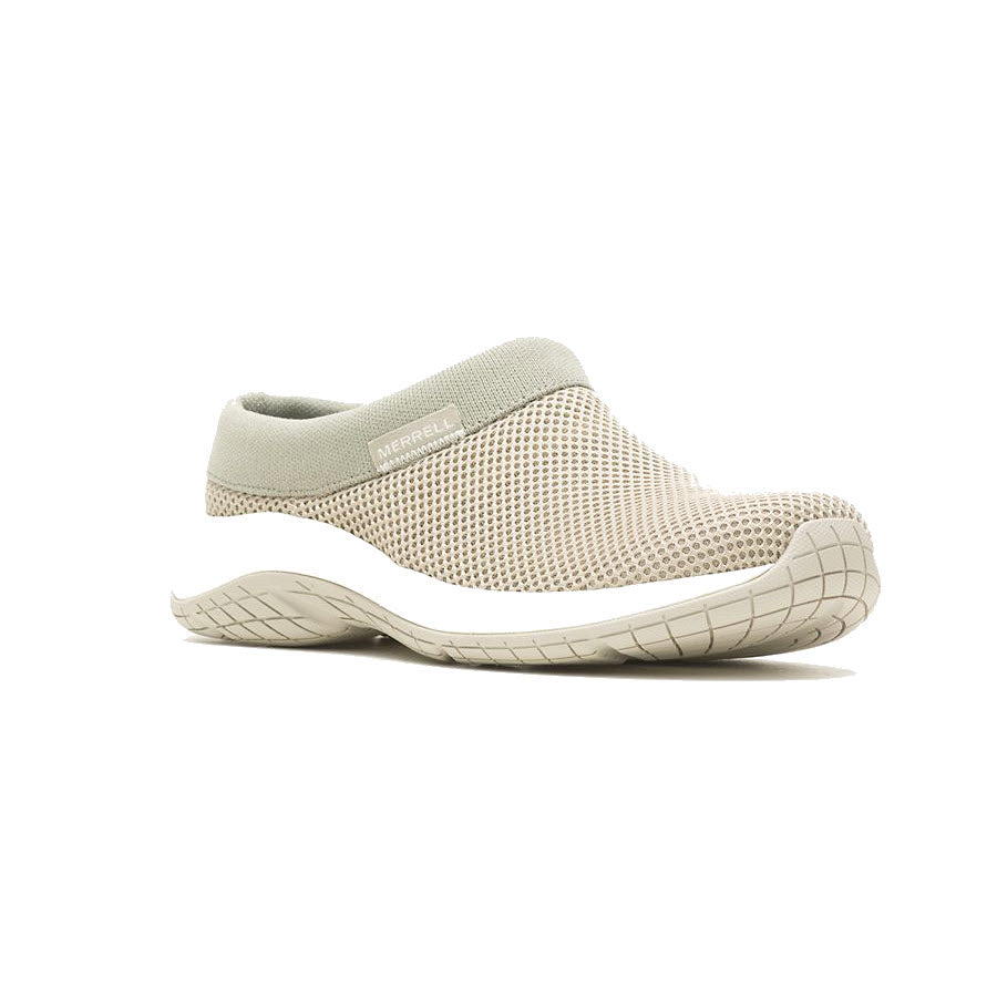 A single beige Merrell Encore Breeze 5 Aluminum slip-on shoe with a mesh upper and curved, cushioned soles, displayed against a white background.