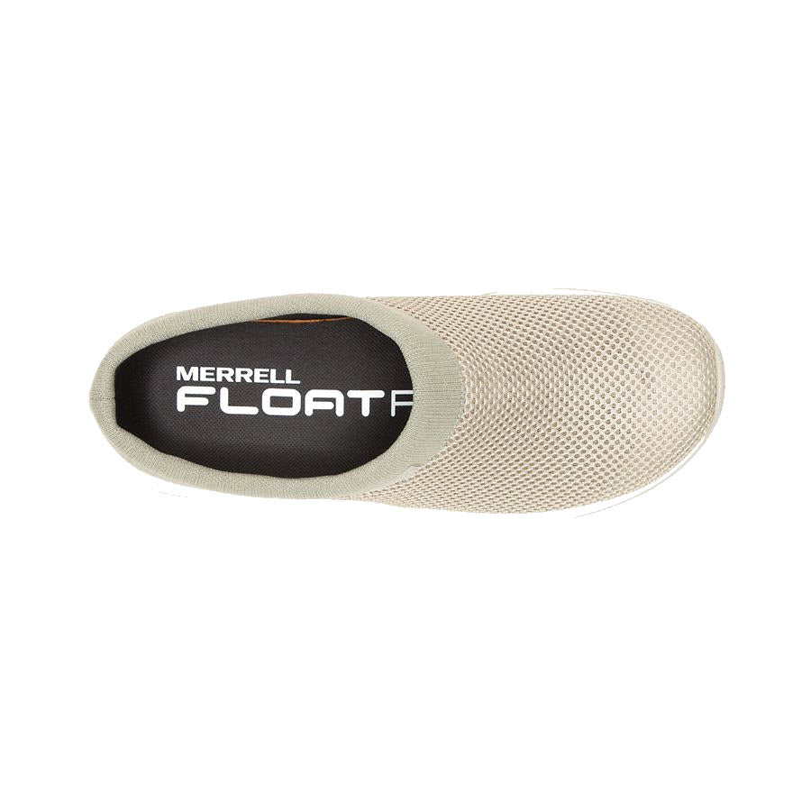 Top view of a light grey Merrell Encore Breeze 5 Aluminum slip-on shoe with a black insole and the word &quot;float&quot; printed in white, featuring a FloatPro Foam midsole.