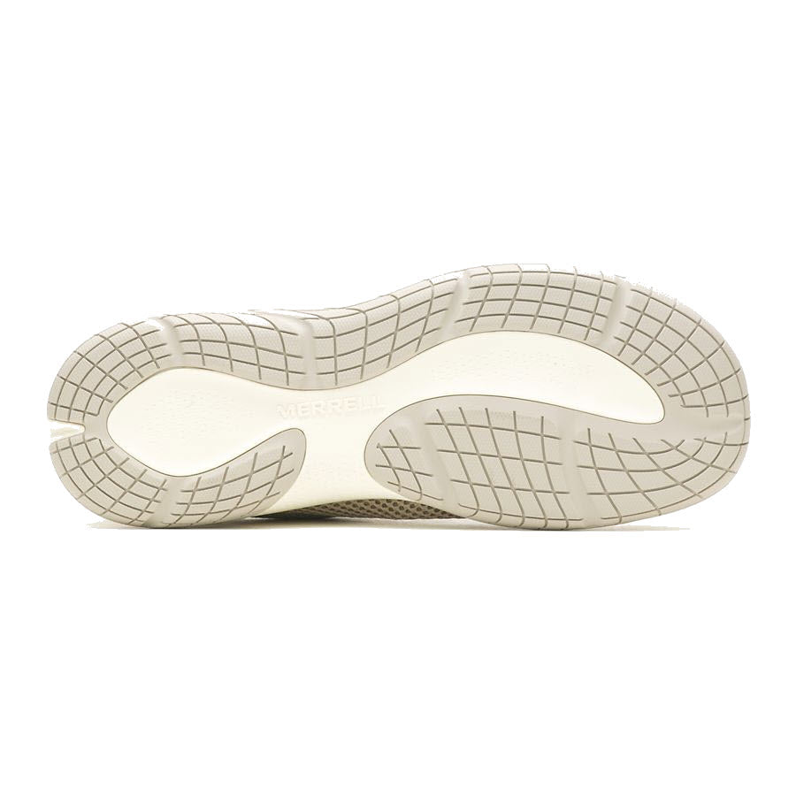 Sole of a Merrell Encore Breeze 5 Aluminum shoe featuring a light beige, grid-patterned tread and the brand name imprinted in the middle, complemented by a cushioned sole.